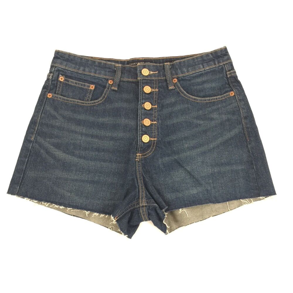 NWOT Lucky Brand Lucky Pins Button Fly Cut Off Jean Shorts 8/29 Dark Wash Denim